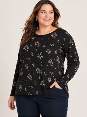croft & barrow Black Long-Sleeve Floral Print Top Size 1X